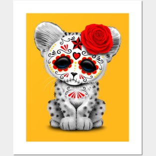 Red Day of the Dead Sugar Skull Snow Leopard Cub Posters and Art